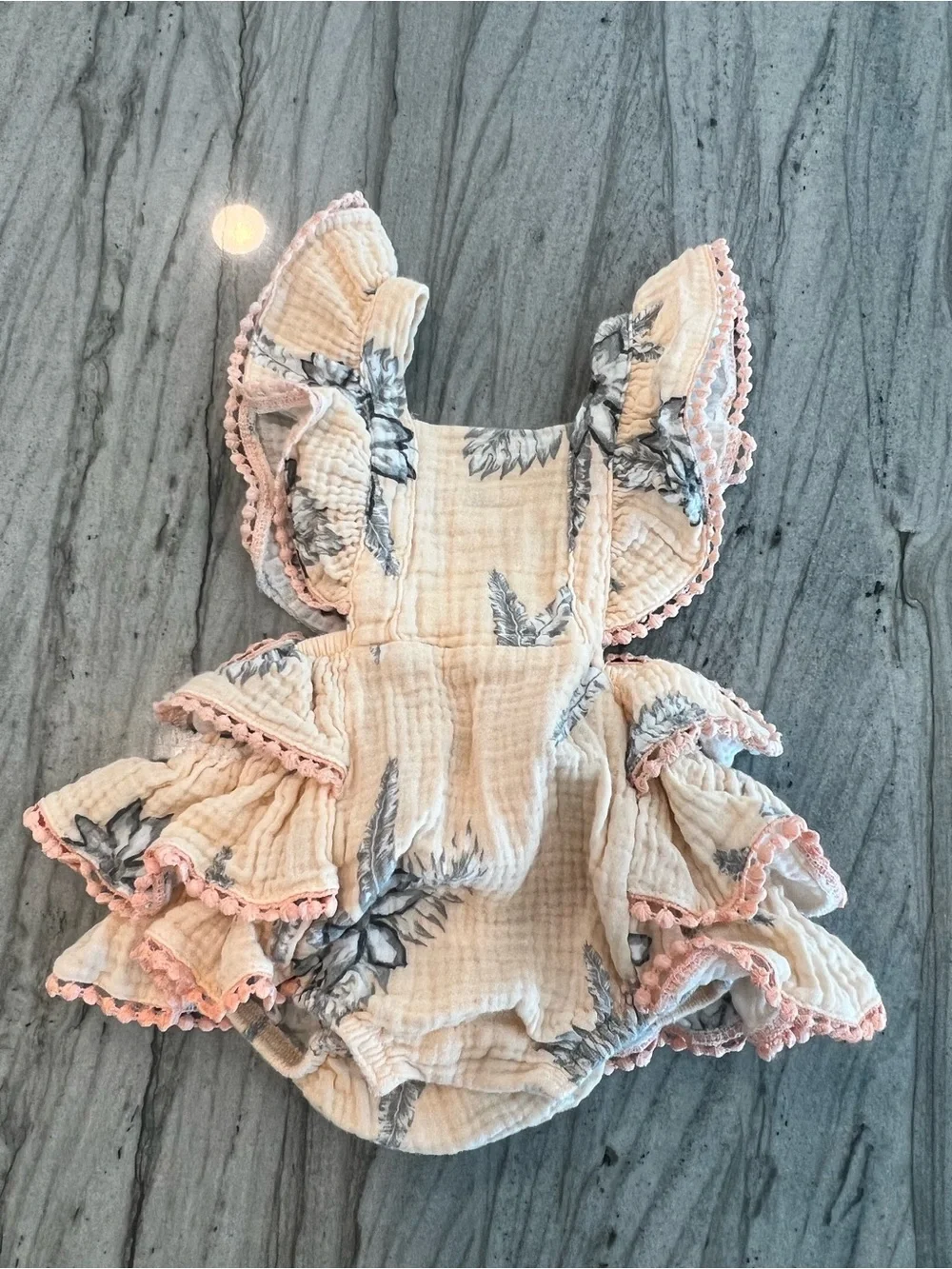 Jessica Simpson Cream Gauze Floral Ruffle Baby Romper with Pink Trim
